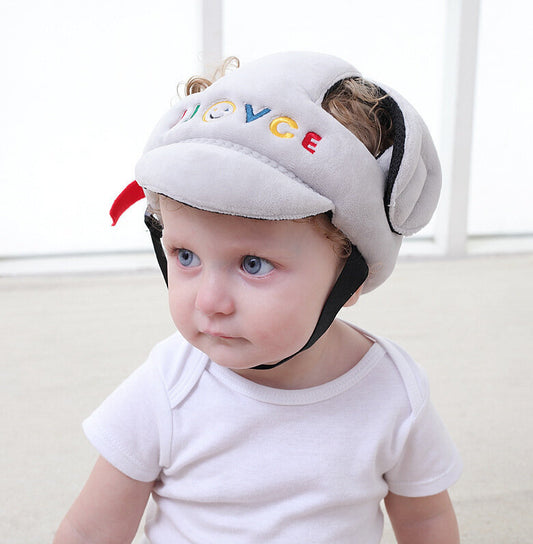 寶寶頭保護帽 嬰兒學步帽頭盔護頭帽 時尚絨布大小可調節帽 淺灰色帽 初生帽