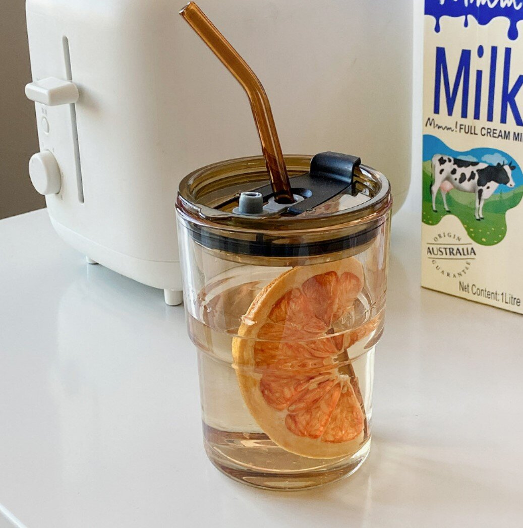 Simple straw glass (Pergo bamboo + brown lid + brown straw) water cup