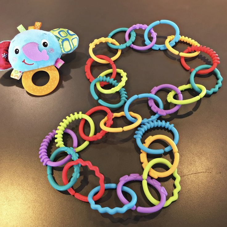 牙膠玩具 嬰兒彩虹圈連環磨牙環 塑料手抓環玩具 安撫公仔 手巾