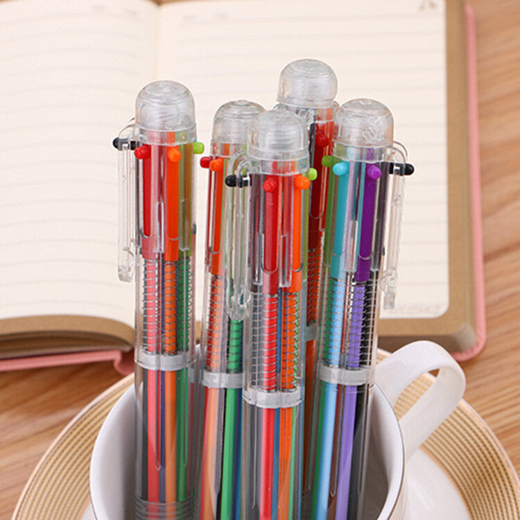 Creative transparent 6-color ballpoint pen, cute student stationery, multi-color pen, oil pen, color ballpoint pen, ballpoint pen