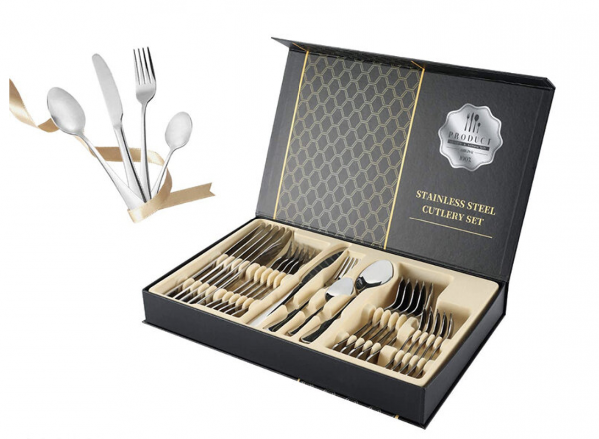 [24-piece set - silver] Stainless steel knife, fork and spoon cutlery set, knife, fork, spoon, tableware gift box, move-in gift, new year gift, new home gift, Christmas gift, holiday gift, party dinner tableware cutlery set