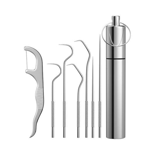 Stainless steel floss 7-piece set, lightweight and portable stainless steel toothpicks, floss sticks, floss picks, picks between teeth, hooks, teeth cleaning floss and accessories