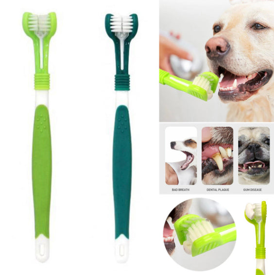 Light green pet toothbrush, pet oral cleaning and care products, plastic dog toothbrush, cat toothbrush, three-head toothbrush, pet multi-angle three-head toothbrush