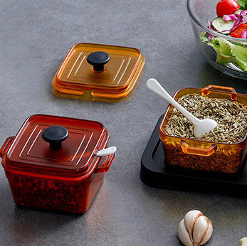 Three-compartment seasoning box with lid and spoon set - square seasoning combination seasoning container