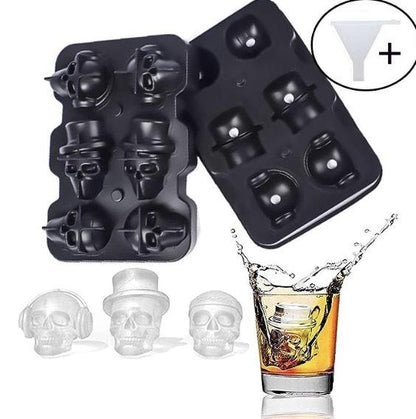 A must-have for Halloween! 1 6-grid 3D skull silicone ice tray (black) + small funnel