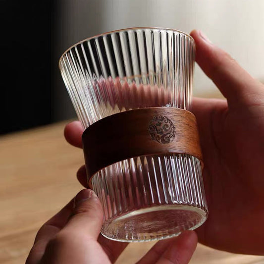 日式透明玻璃水杯-竖纹杯+隔热套320ml 日式耐热压纹玻璃杯水杯茶杯咖啡杯320ML 水杯