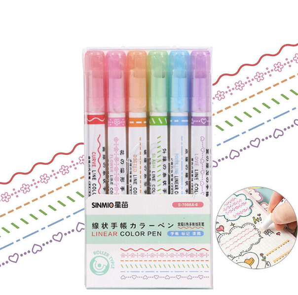 6-color linear roller seal highlighter color handbook curve pen flower-shaped wavy line handbook pen marking highlight highlighter pen