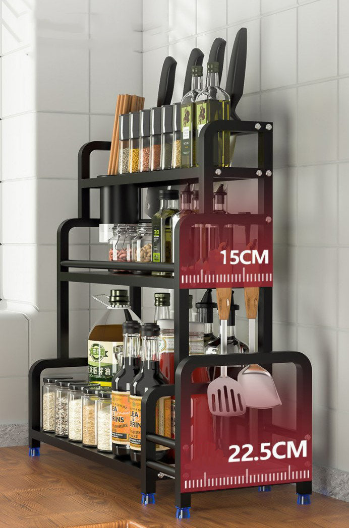 [Black] 3-layer stainless steel paint multifunctional seasoning rack oil salt sauce vinegar kitchen storage rack knife storage rack - 1 drum oil oyster sauce oil storage chopsticks chopstick holder