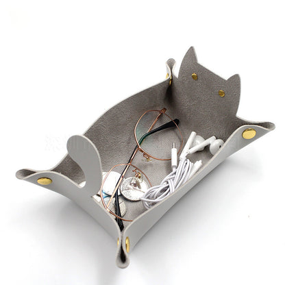 Nordic style cat leather storage tray car key loose silver eyes headphones watch jewelry earrings bracelet ring necklace cosmetics perfume lipstick stationery sundry storage tray change tray key storage box minimalist style desktop storage tray (grey)
