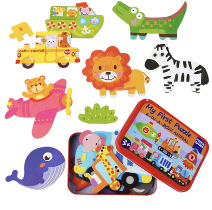 動物交通鐵盒雙面拼圖 玩具 學習拼圖 動物 木製玩具