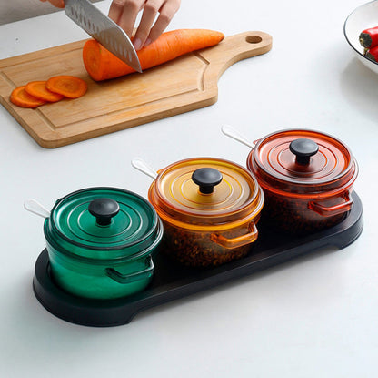 Three-compartment seasoning box with lid and spoon set - round seasoning combination seasoning container