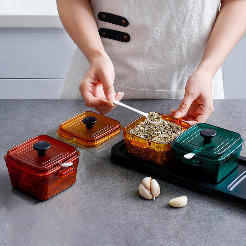 Three-compartment seasoning box with lid and spoon set - square seasoning combination seasoning container