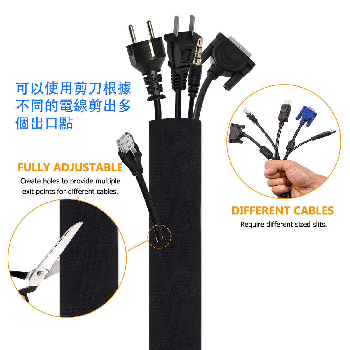 Upgraded snap-on wire protection sleeve, multifunctional fixed zipper wire protection sleeve, durable and elastic wire organizer, wire storage, a must-have for home and office