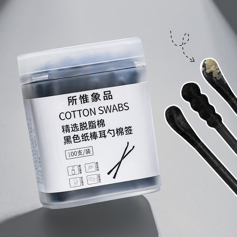 Dual-purpose 2-in-1 black absorbent cotton swab ear spoon makeup household disposable cotton swabs for cleaning ears 100 cleansing cotton swabs