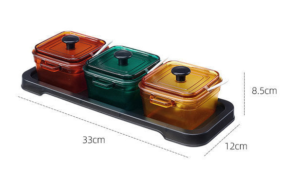 三格調料盒帶蓋帶勺套裝 - 方形調味組合 調味料容器
