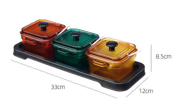 Three-compartment seasoning box with lid and spoon set - square seasoning combination seasoning container