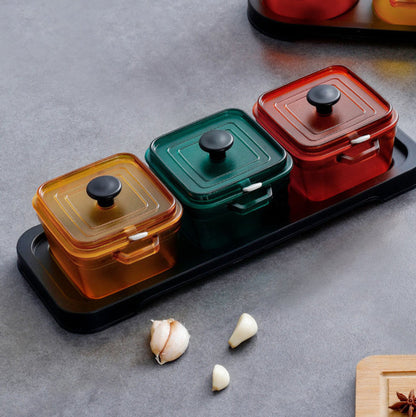 Three-compartment seasoning box with lid and spoon set - square seasoning combination seasoning container