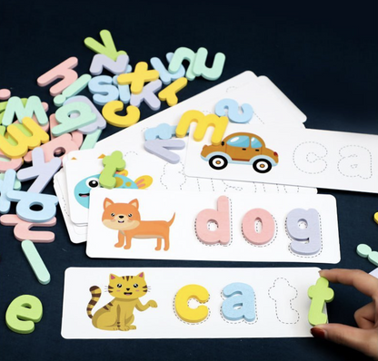 幼儿英文教材，儿童英语拼字游戏，学前早教训练，木制字母拼图，早期英文启蒙训练，适合男孩和女孩认知玩具