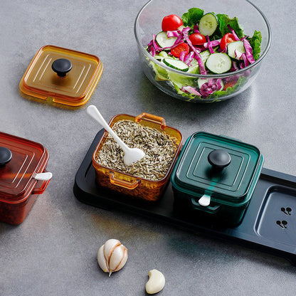 Three-compartment seasoning box with lid and spoon set - square seasoning combination seasoning container