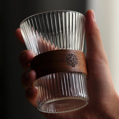 日式透明玻璃水杯-豎紋杯+隔熱套 320ml 日式耐熱壓紋玻璃杯  水杯茶杯咖啡杯 320ML 水杯