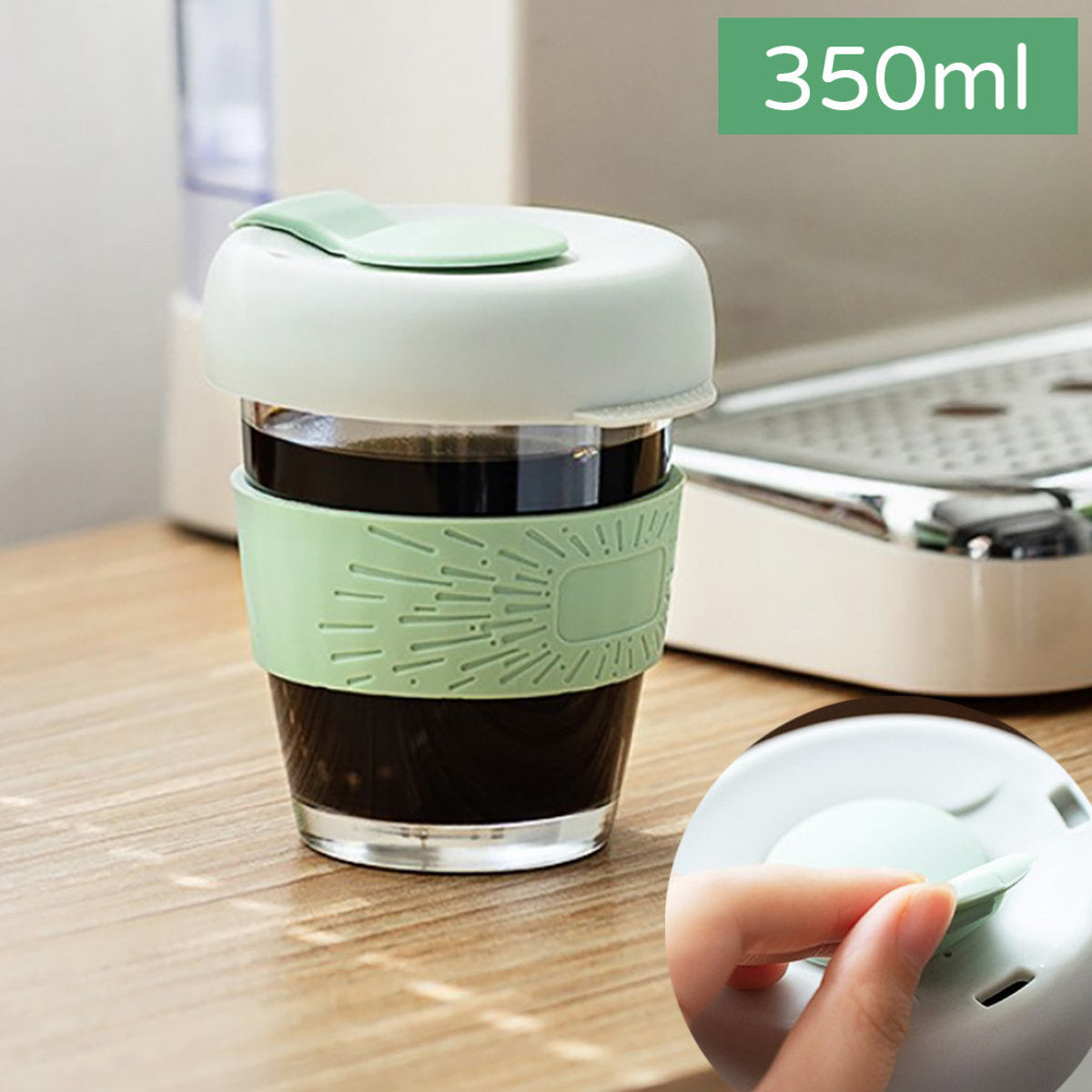 環保玻璃隨手咖啡杯便攜 自備杯 隨行杯矽膠隨帶蓋水杯 350ML 水杯