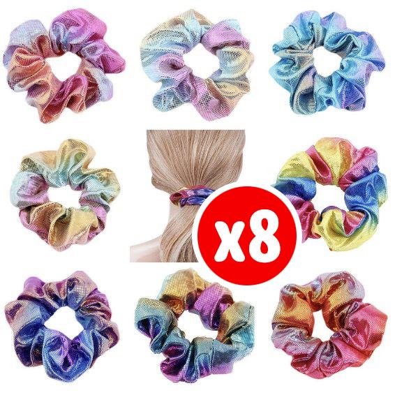 [8-pack] Metal Rainbow Fabric Hair Tie Hot Stamping Laser Head Flower Hair Tie