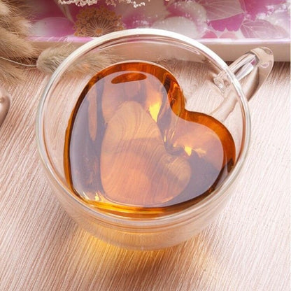 Double-layer heart-shaped glass cup with handle, insulated water cup, peach heart cup, glass coffee cup, coffee cup