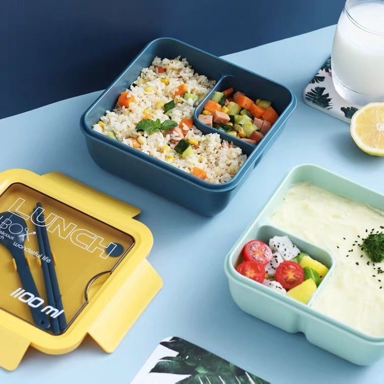 Japanese-style lunch box for office workers and students, microwaveable lunch box with compartments and lunch box - [Stylish square shape - yellow]