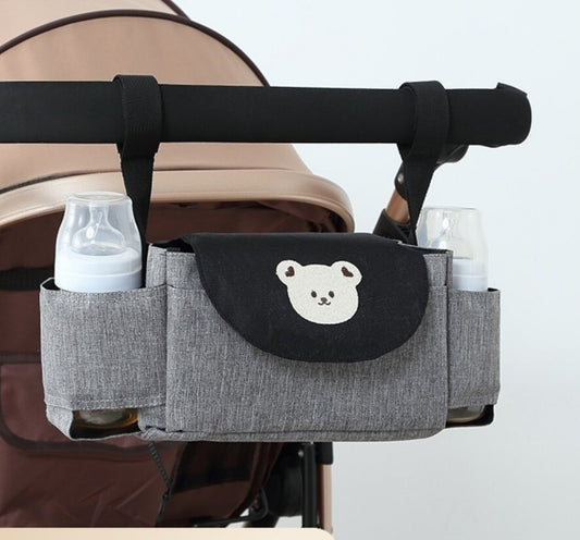 Stroller hanging bag, large capacity, children's baby storage rack, stroller storage bag, baby walking tool, bear (black and gray), stroller hanging bag