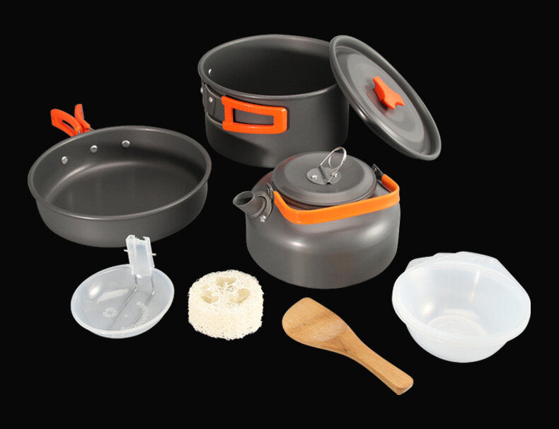 2-3 Person Anodized Aluminum Camping Cookware Set, Camping Teapot, Cooking Pot, Frying Pan, Hot Pot, Folding Cookware, Outdoor Stove Set, Cookware Camping Pot, Cookset, Outdoor Teapot Set with Accessories DS-308, Nine-Piece Portable Camping Cookware Set