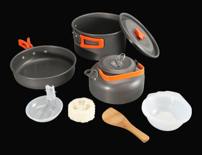 2-3 Person Anodized Aluminum Camping Cookware Set, Camping Teapot, Cooking Pot, Frying Pan, Hot Pot, Folding Cookware, Outdoor Stove Set, Cookware Camping Pot, Cookset, Outdoor Teapot Set with Accessories DS-308, Nine-Piece Portable Camping Cookware Set