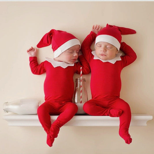兒童聖誕老人套裝 聖誕三件裝 寶寶聖誕連衣衫 歐美新生兒聖誕攝影服三件套寶寶聖誕主題紅色連腳哈衣攝影服套裝