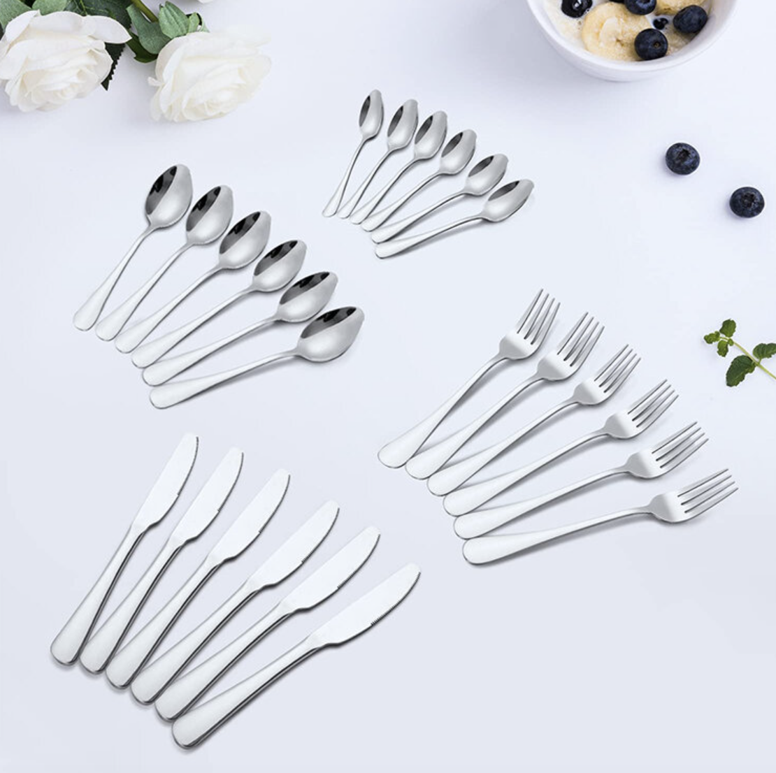 [24-piece set - silver] Stainless steel knife, fork and spoon cutlery set, knife, fork, spoon, tableware gift box, move-in gift, new year gift, new home gift, Christmas gift, holiday gift, party dinner tableware cutlery set