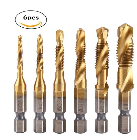 [6-piece set] High-speed steel hexagonal shank drill for drilling and deburring all-in-one composite tap drill bit for spiral machine tapping M3-M10 titanium plated