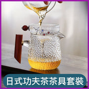 三件装简约木柄日式茶壶茶具套装连茶叶隔木柄茶壶茶杯功夫茶茶具玻璃