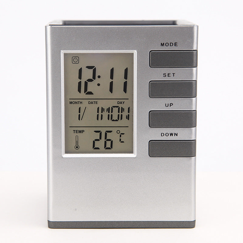 Perpetual Calendar Pen Holder Clock-White Electronic Clock