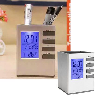 Perpetual Calendar Pen Holder Clock-White Electronic Clock