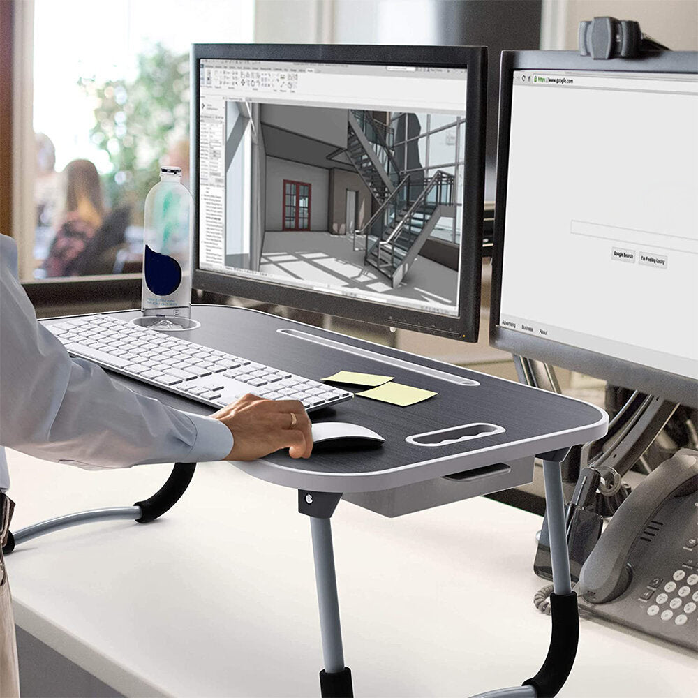 (60X40X28cm-Black) Foldable Computer Study Table Anti-slip Card Slot + Cup Slot + Handle + Drawer Table Monitor Shelf