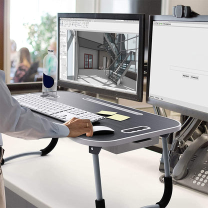 (60X40X28cm-Black) Foldable Computer Study Table Anti-slip Card Slot + Cup Slot + Handle + Drawer Table Monitor Shelf
