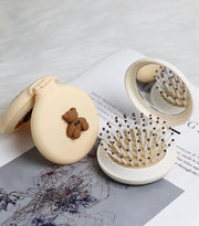 Portable Bear Folding Air Cushion Comb Convenient for Adults and Children Cute Mirror Air Cushion Massage Small Comb Dressing Mirror (White)