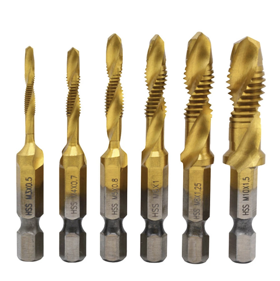 [6-piece set] High-speed steel hexagonal shank drill for drilling and deburring all-in-one composite tap drill bit for spiral machine tapping M3-M10 titanium plated