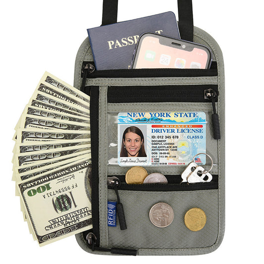 多功能挂脖护照包RFID斜挎单肩收纳袋出国机票证件保护套浅灰色