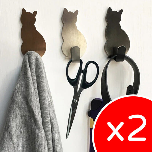 2 Self-Adhesive Hooks Cat Pattern Storage Rack for Bathroom Kitchen Clothes Rack Wall Mount Towel Rack on Door - Silver Adhesive Hooks