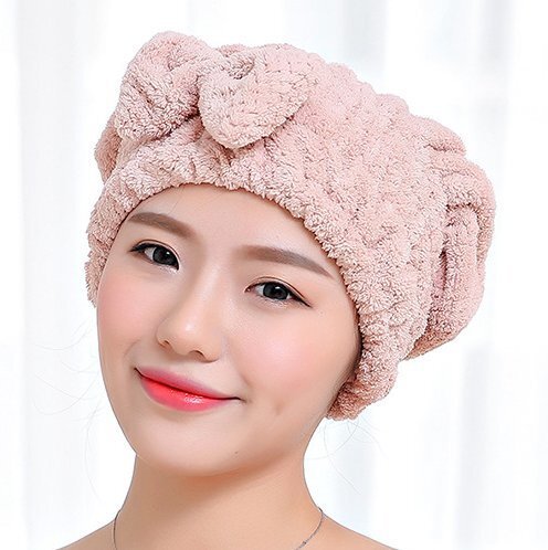 (粉紅) 韓式可愛蝴碟結 靚料加厚超吸水柔軟珊瑚絨乾髮毛巾帽