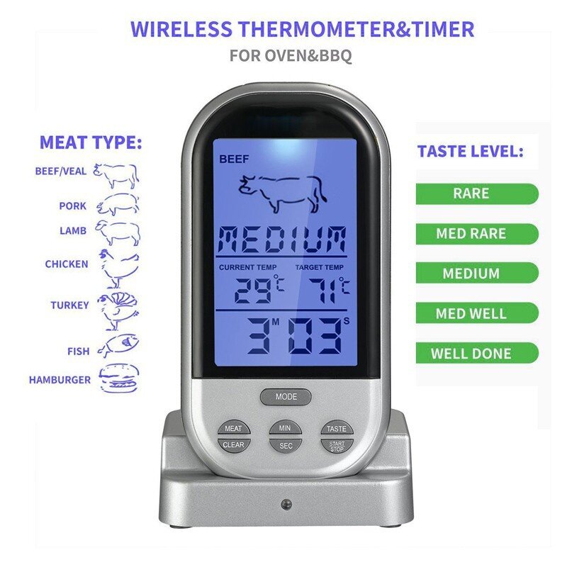 焗爐食物溫度計/ 無線便攜煮食溫度計/ 肉類烹調溫度 (一件裝) 無線燒烤溫度計 廚房食品溫度計 帶底座無線遠程背光烤肉溫度計 煮食套裝