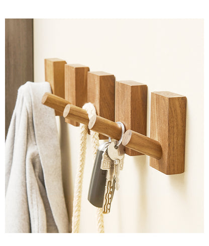 Nordic solid wood punch-free hooks (2 pieces) entrance wall walnut hooks wooden coat hooks strong adhesive hooks for hanging clothes, bags, keys, car keys, bag adhesive hooks (free nail-free glue)