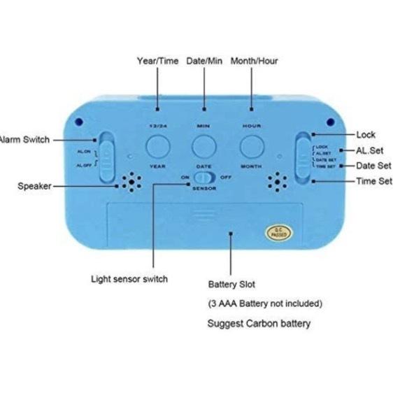 藍色**創意大螢幕LCD電子鬧鐘 夜光/日期功能/溫度計功能 電子鐘