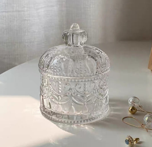皇冠浮雕创意玻璃罐水晶覆古咖啡玻璃糖果罐盅带盖首饰棉签玻璃储物罐保温壶